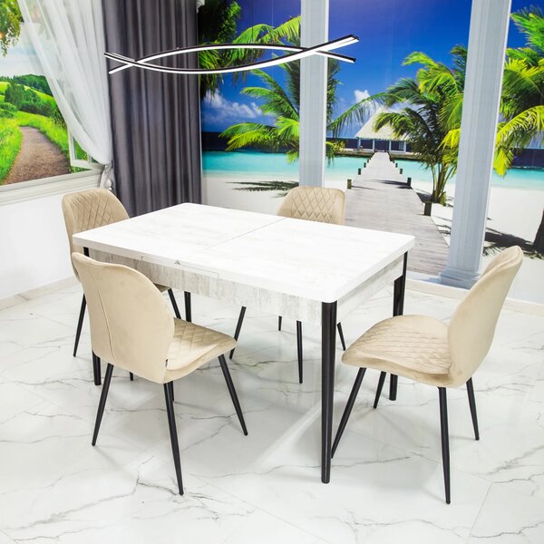 Set masa extensibila Napoli Pin antichizat cu 4 scaune Goteborg bej, DENVER, picioare vopsite negru, 130x80x76 cm
