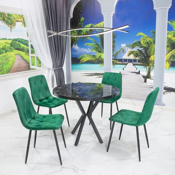Set masa Hamburg Black Marble cu 4 scaune Kobe verde, picioare metalice negre, forma rotunda, 90x73 cm
