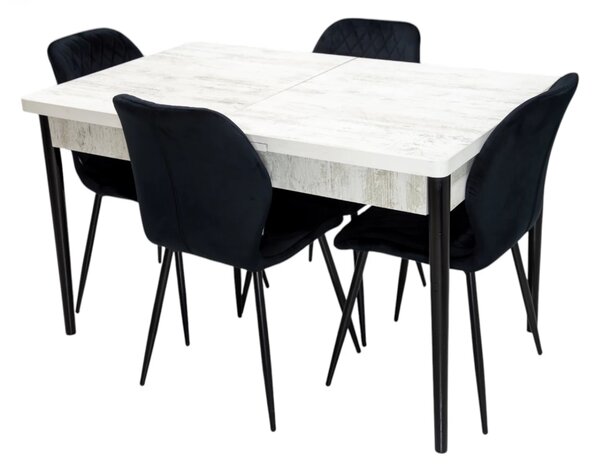 Set masa extensibila Napoli Pin antichizat cu 4 scaune Goteborg negru, DENVER, picioare vopsite negru, 130x80x76 cm