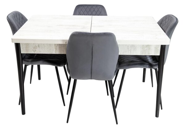 Set masa extensibila Napoli Pin antichizat cu 4 scaune Goteborg gri, DENVER, picioare vopsite negru, 130x80x76 cm