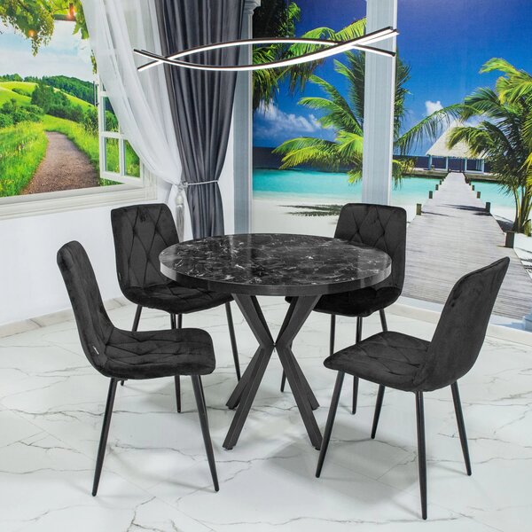 Set masa Hamburg Black Marble cu 4 scaune Kobe negru, DENVER, picioare metalice negre, forma rotunda, 90x73 cm
