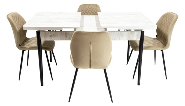 Set masa extensibila Napoli Pin antichizat cu 4 scaune Goteborg bej, DENVER, picioare vopsite negru, 130x80x76 cm