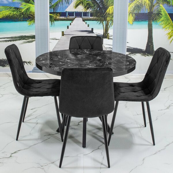 Set masa Hamburg Black Marble cu 4 scaune Kobe negru, DENVER, picioare metalice negre, forma rotunda, 90x73 cm