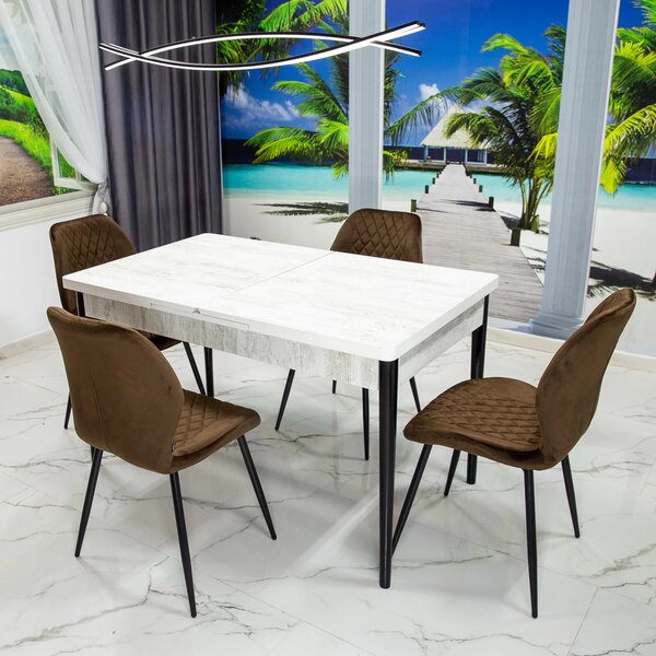 Set masa extensibila Napoli Pin antichizat cu 4 scaune Goteborg maro, DENVER, picioare vopsite negru, 130x80x76 cm