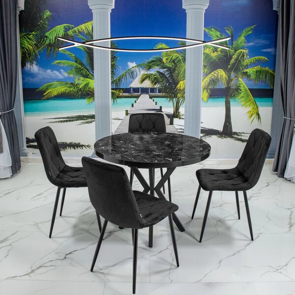 Set masa Hamburg Black Marble cu 4 scaune Kobe negru, DENVER, picioare metalice negre, forma rotunda, 90x73 cm