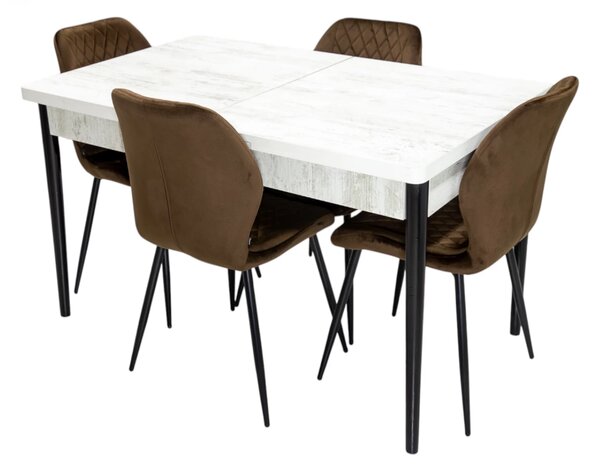 Set masa extensibila Napoli Pin antichizat cu 4 scaune Goteborg maro, DENVER, picioare vopsite negru, 130x80x76 cm