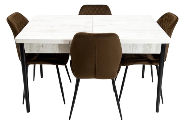 Set masa extensibila Napoli Pin antichizat cu 4 scaune Goteborg maro, DENVER, picioare vopsite negru, 130x80x76 cm