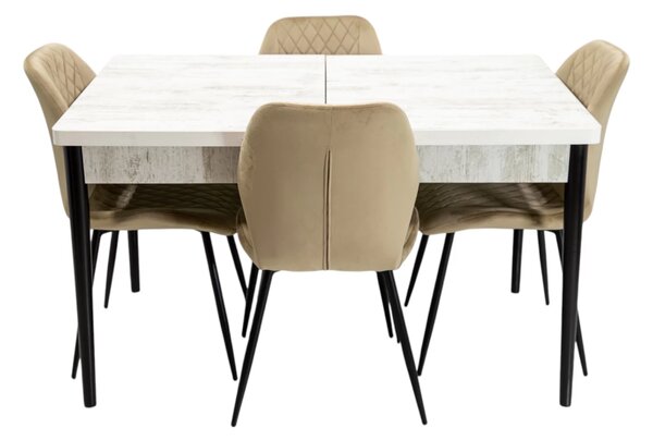 Set masa extensibila Napoli Pin antichizat cu 4 scaune Goteborg bej, DENVER, picioare vopsite negru, 130x80x76 cm