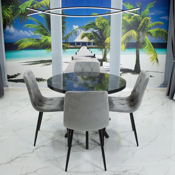 Set masa Hamburg Black Marble cu 4 scaune Kobe gri, DENVER, picioare metalice negre, forma rotunda, 90x73 cm