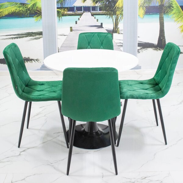 Set masa Innsbruck, DENVER, blat alb si picior negru cu 4 scaune Kobe verde, forma rotunda, 80x73 cm