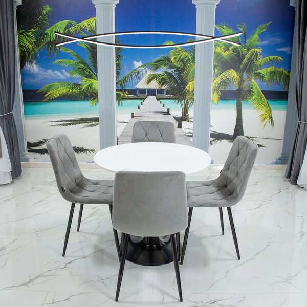 Set masa Innsbruck, DENVER, blat alb si picior alb cu 4 scaune Kobe gri, forma rotunda, 80x73 cm