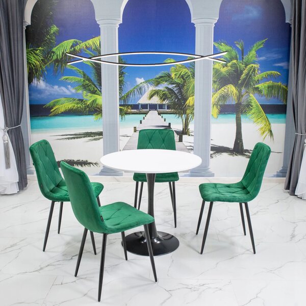 Set masa Innsbruck, DENVER, blat alb si picior negru cu 4 scaune Kobe verde, forma rotunda, 80x73 cm
