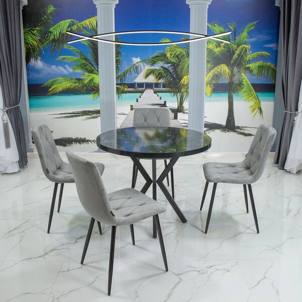 Set masa Hamburg Black Marble cu 4 scaune Kobe gri, DENVER, picioare metalice negre, forma rotunda, 90x73 cm