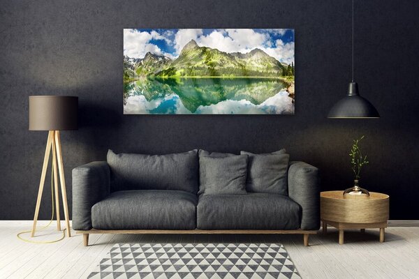 Tablou pe sticla Mountain Lake Peisaj Verde Gri Albastru