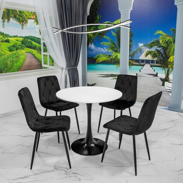 Set masa Innsbruck, DENVER, blat alb si picior negru cu 4 scaune Kobe negru, forma rotunda, 80x73 cm
