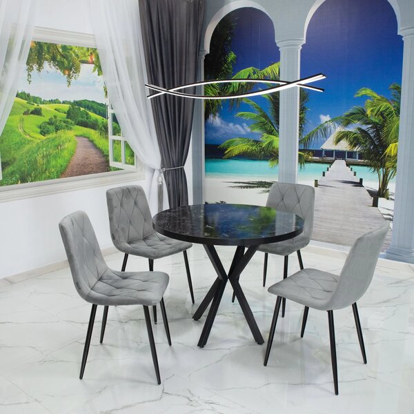 Set masa Hamburg Black Marble cu 4 scaune Kobe gri, DENVER, picioare metalice negre, forma rotunda, 90x73 cm
