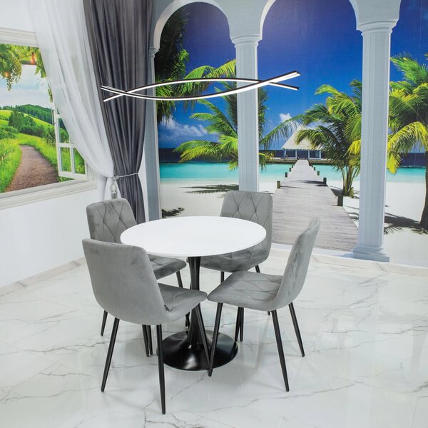 Set masa Innsbruck, DENVER, blat alb si picior alb cu 4 scaune Kobe gri, forma rotunda, 80x73 cm