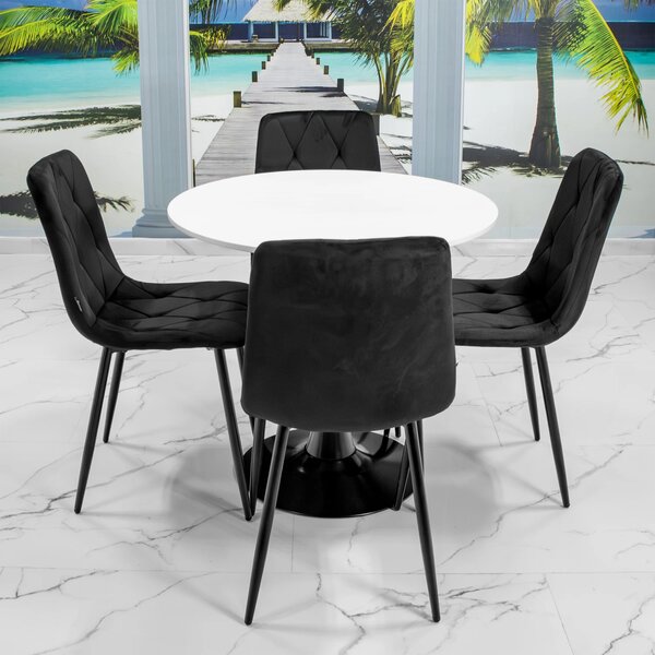 Set masa Innsbruck, DENVER, blat alb si picior negru cu 4 scaune Kobe negru, forma rotunda, 80x73 cm