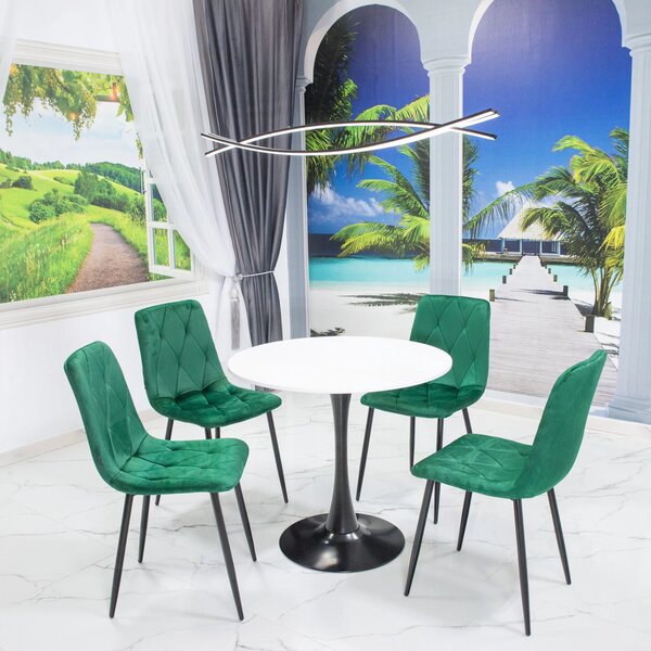 Set masa Innsbruck, DENVER, blat alb si picior negru cu 4 scaune Kobe verde, forma rotunda, 80x73 cm