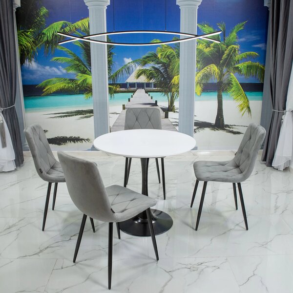 Set masa Innsbruck, DENVER, blat alb si picior alb cu 4 scaune Kobe gri, forma rotunda, 80x73 cm