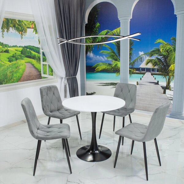 Set masa Innsbruck, DENVER, blat alb si picior alb cu 4 scaune Kobe gri, forma rotunda, 80x73 cm