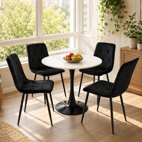 Set masa Innsbruck, DENVER, blat alb si picior negru cu 4 scaune Kobe negru, forma rotunda, 80x73 cm