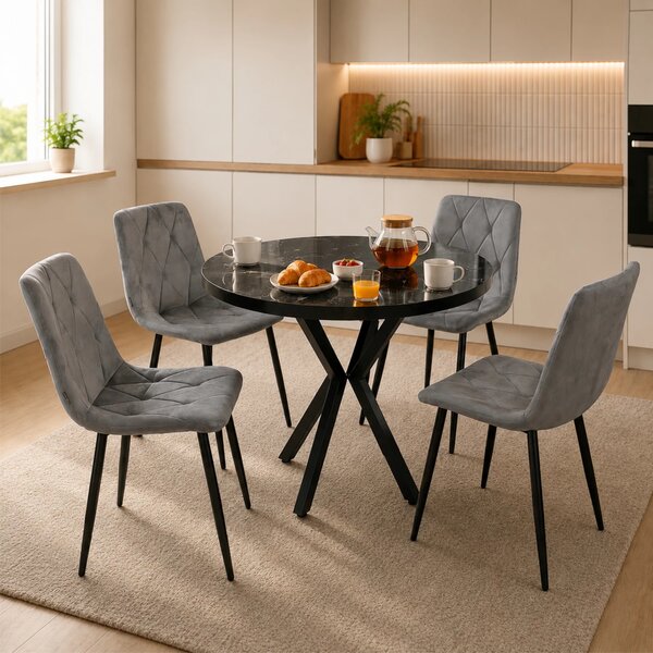 Set masa Hamburg Black Marble cu 4 scaune Kobe gri, DENVER, picioare metalice negre, forma rotunda, 90x73 cm