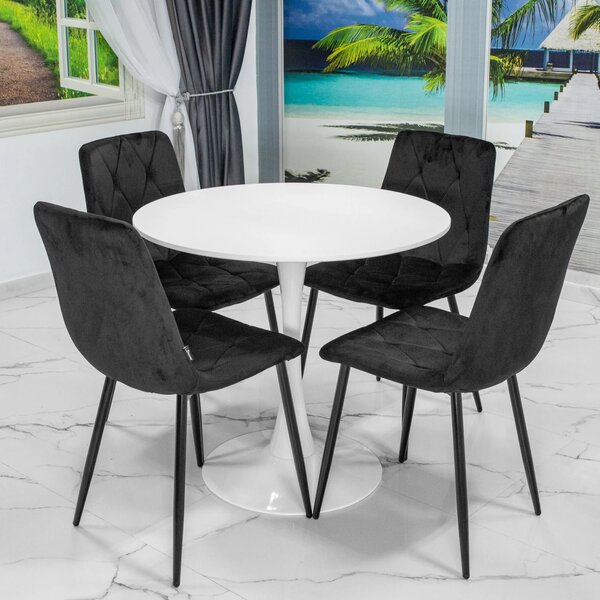 Set masa Innsbruck, DENVER, blat alb si picior alb cu 4 scaune Kobe negru, forma rotunda, 80x73 cm
