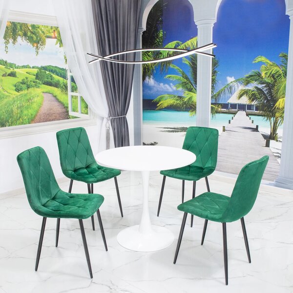 Set masa Innsbruck, DENVER, blat alb si picior alb cu 4 scaune Kobe verde, forma rotunda, 80x73 cm