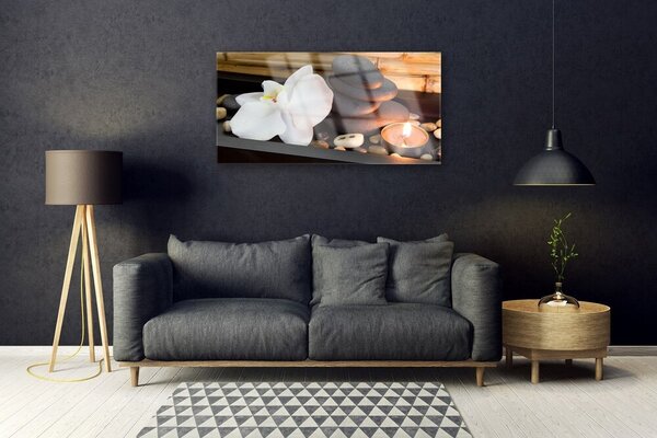 Tablou pe sticla Flori Pietre Lumânare Art Alb Gri Portocaliu Maro