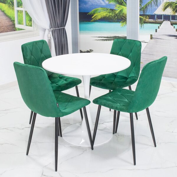 Set masa Innsbruck, DENVER, blat alb si picior alb cu 4 scaune Kobe verde, forma rotunda, 80x73 cm