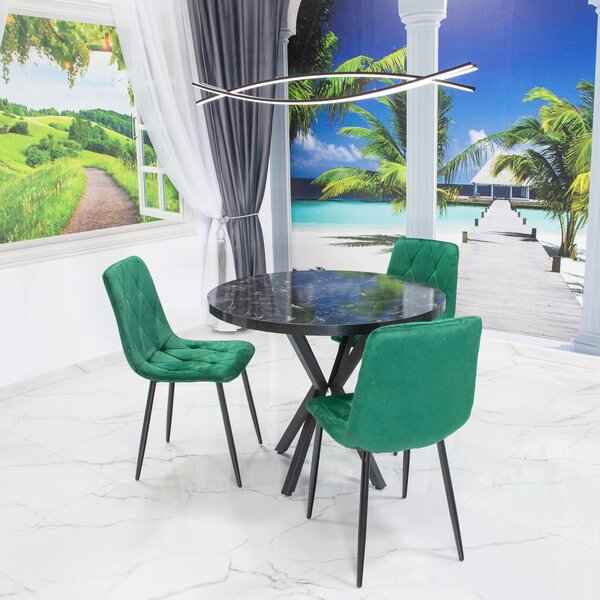 Set masa Hamburg Black Marble cu 3 scaune Kobe verde, picioare metalice negre, forma rotunda, 90x73 cm