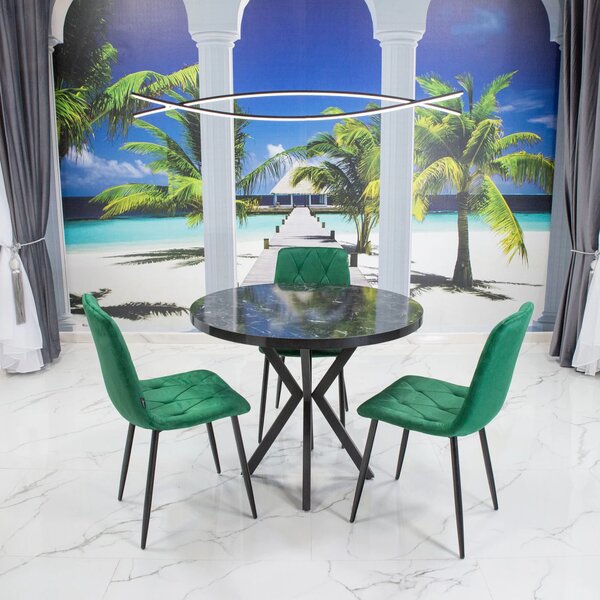 Set masa Hamburg Black Marble cu 3 scaune Kobe verde, picioare metalice negre, forma rotunda, 90x73 cm