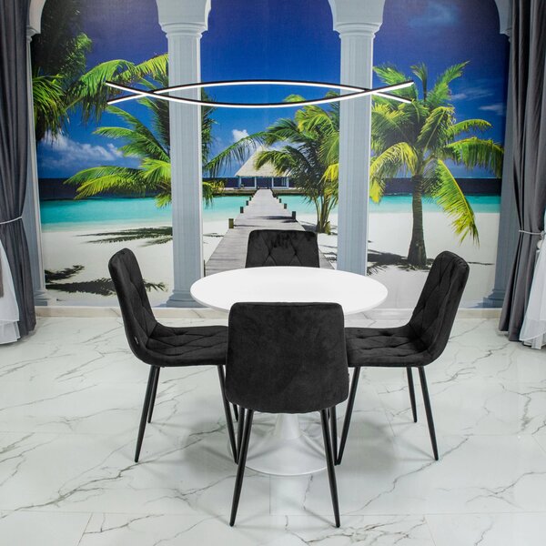 Set masa Innsbruck, DENVER, blat alb si picior alb cu 4 scaune Kobe negru, forma rotunda, 80x73 cm
