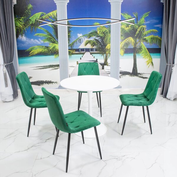 Set masa Innsbruck, DENVER, blat alb si picior alb cu 4 scaune Kobe verde, forma rotunda, 80x73 cm