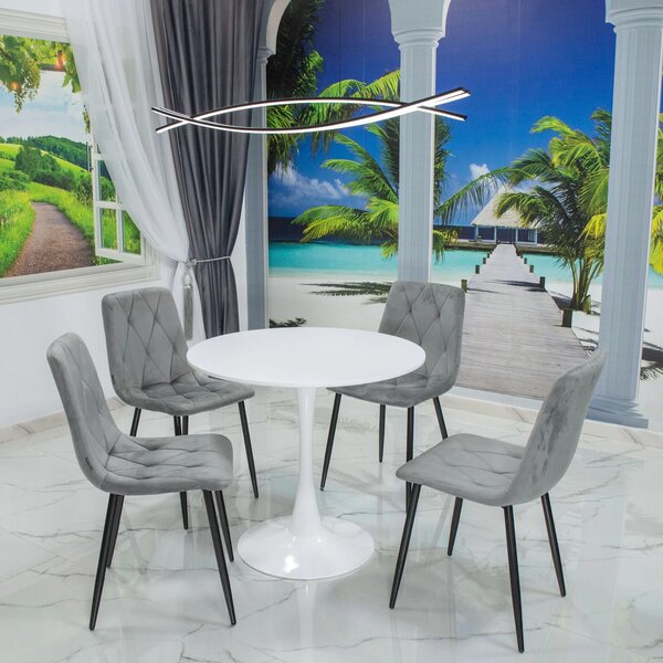 Set masa Innsbruck, DENVER, blat alb si picior alb cu 4 scaune Kobe gri, forma rotunda, 80x73 cm
