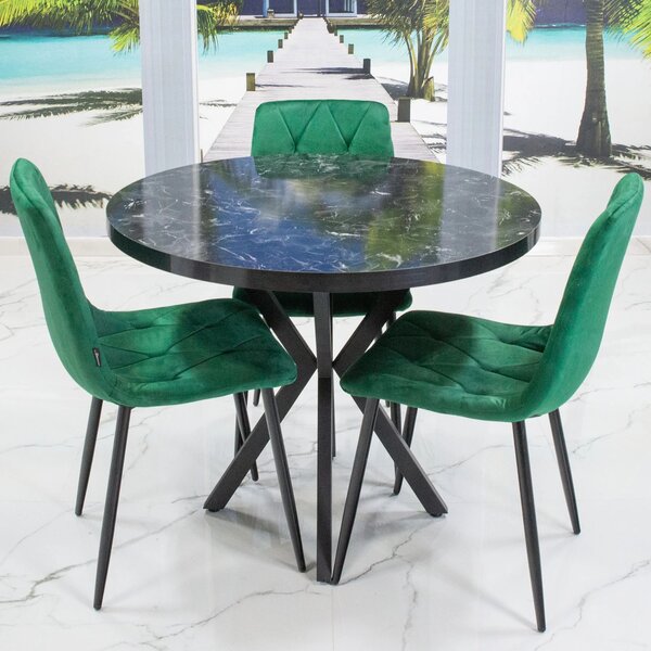 Set masa Hamburg Black Marble cu 3 scaune Kobe verde, picioare metalice negre, forma rotunda, 90x73 cm