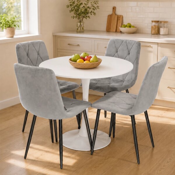 Set masa Innsbruck, DENVER, blat alb si picior alb cu 4 scaune Kobe gri, forma rotunda, 80x73 cm