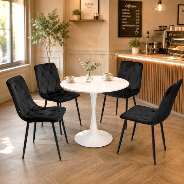 Set masa Innsbruck, DENVER, blat alb si picior alb cu 4 scaune Kobe negru, forma rotunda, 80x73 cm