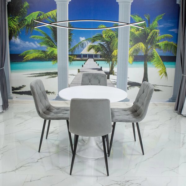 Set masa Innsbruck, DENVER, blat alb si picior alb cu 4 scaune Kobe gri, forma rotunda, 80x73 cm