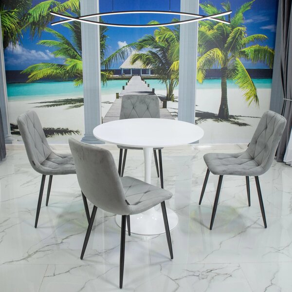 Set masa Innsbruck, DENVER, blat alb si picior alb cu 4 scaune Kobe gri, forma rotunda, 80x73 cm