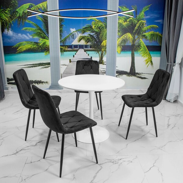Set masa Innsbruck, DENVER, blat alb si picior alb cu 4 scaune Kobe negru, forma rotunda, 80x73 cm