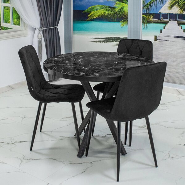 Set masa Hamburg Black Marble cu 3 scaune Kobe negru, DENVER, picioare metalice negre, forma rotunda, 90x73 cm