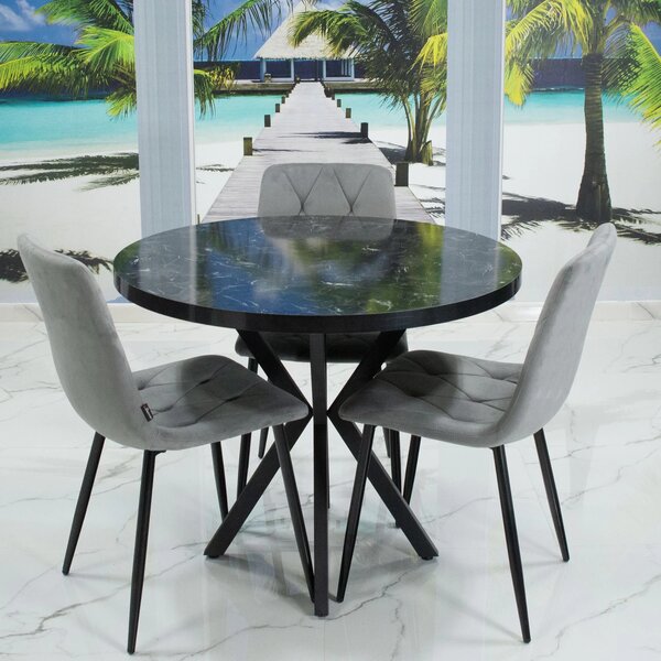 Set masa Hamburg Black Marble cu 3 scaune Kobe gri, DENVER, picioare metalice negre, forma rotunda, 90x73 cm