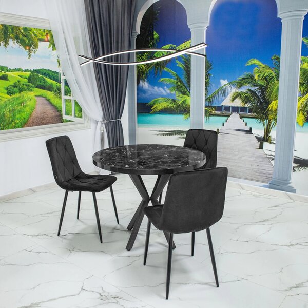 Set masa Hamburg Black Marble cu 3 scaune Kobe negru, DENVER, picioare metalice negre, forma rotunda, 90x73 cm