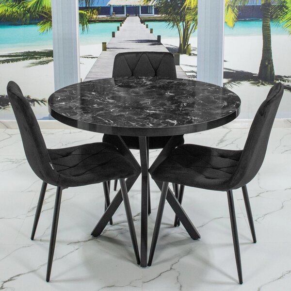 Set masa Hamburg Black Marble cu 3 scaune Kobe negru, DENVER, picioare metalice negre, forma rotunda, 90x73 cm