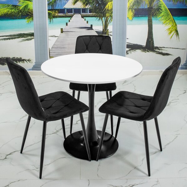 Set masa Innsbruck, DENVER, blat alb si picior negru cu 3 scaune Kobe negru, forma rotunda, 80x73 cm