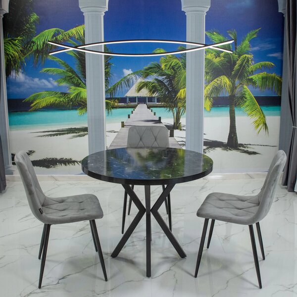 Set masa Hamburg Black Marble cu 3 scaune Kobe gri, DENVER, picioare metalice negre, forma rotunda, 90x73 cm