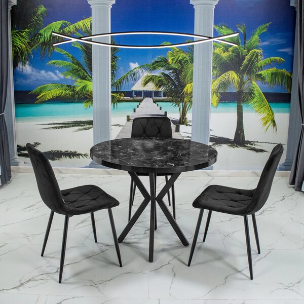 Set masa Hamburg Black Marble cu 3 scaune Kobe negru, DENVER, picioare metalice negre, forma rotunda, 90x73 cm