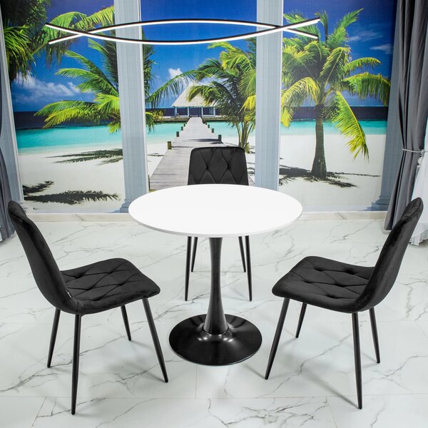 Set masa Innsbruck, DENVER, blat alb si picior negru cu 3 scaune Kobe negru, forma rotunda, 80x73 cm